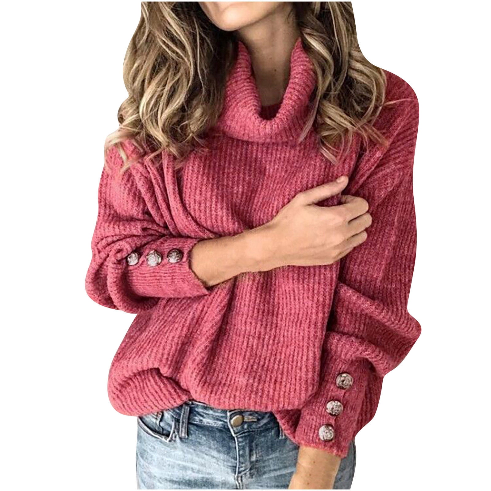 Bigersell Polyester Knit Turtleneck Sweater Women Plus Size Fall Winter Knitted Long Sleeve Pullover Sweaters Buttons Cuff Sleeve Ladies Sweaters Tops Y-Watermelon Red 3XL