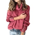 thumbnail image 1 of Bigersell Polyester Knit Turtleneck Sweater Women Plus Size Fall Winter Knitted Long Sleeve Pullover Sweaters Buttons Cuff Sleeve Ladies Sweaters Tops Y-Watermelon Red 3XL, 1 of 5