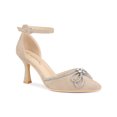 thumbnail image 1 of BLISSFUL STEP Women's Rhinestones Bow Ankle Strap Stiletto Heel Pumps Beige (Size 7), 1 of 7