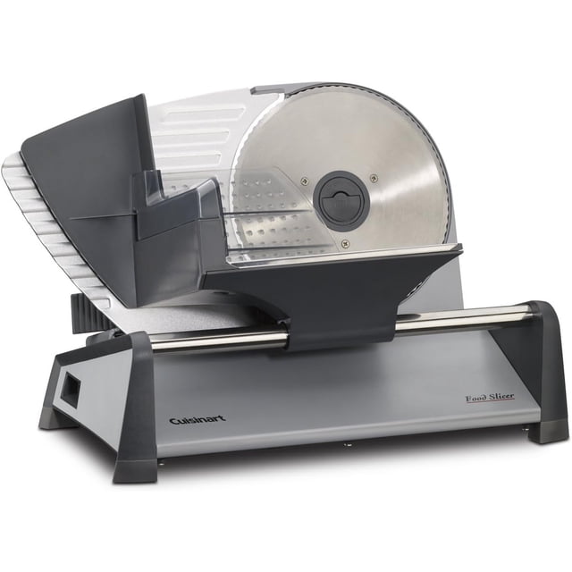 Cuisinart Electric Meat Slicer with 7.5-inch stainless steel undulated blade, adjustable thickness control from 5 to 15 mm, heavy-duty coated steel base with non-slip feet, and stainless steel carriage surface for safe, stable slicing at home.