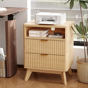 Modern Fluted Nightstand 2 Drawers + Open Shelf Narrow End Table with USB Ports and Outlets Bedside Table with Charging Station for Bedroom and Living Room Solid Wood Frame in Walnut Oak Color