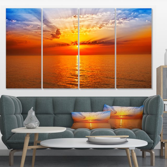 Lever de Soleil sur Mer Orange sous Ciel Bleu - Grande Impression sur Toile