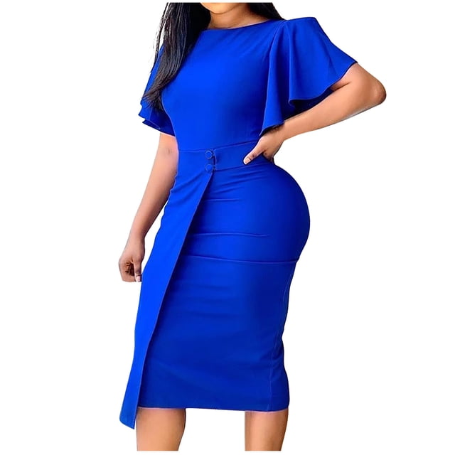 QUYUON Robes de Mariage pour Femmes Liquidation Robe de Travail Col Rond Grande Taille Robes de Retour à la Maison Manches Longues Robe Midi Style D-13964 Bleu TTG