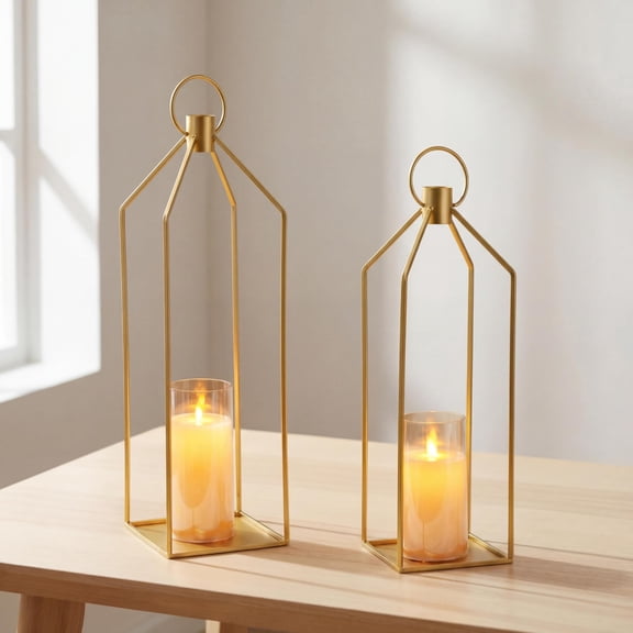 Chandelle Lanterne, Towallmark 19 Pouces & 22 Pouces Ensemble de 2 Lanternes Décoratives en Métal Doré avec Bougies DEL Sans Flamme, Télécommande & Minuterie, Décoration Intérieure Extérieure pour la Maison Mariage Noël