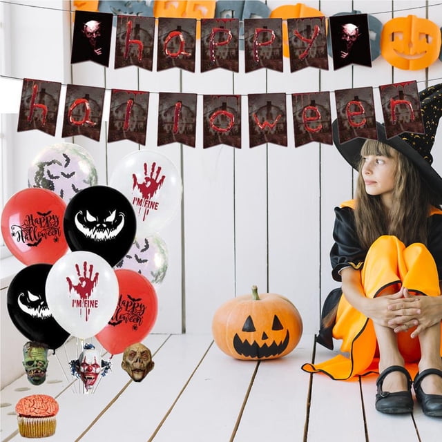 Langgg Halloween Cupcake Toppers Kit Halloween Banner Skeleton Tombstone Cake Card Handprint Balloon Set Party Decorations