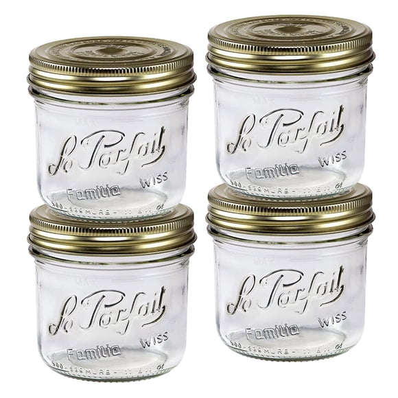 Le Parfait Familia Wiss Terrine Wide Mouth French Glass Jar w/Airtight 2-Piece System Gold Lids | Ideal for Canning, Food Storage