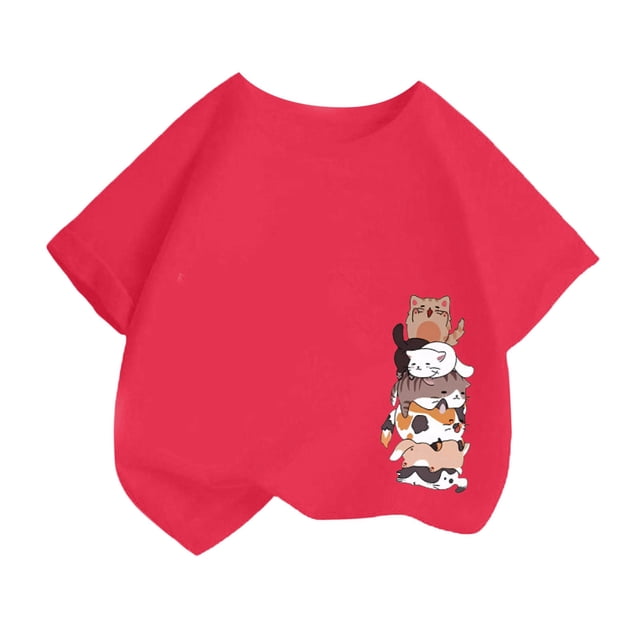 LUOGENLI T-Shirt pour Filles, Mode Mignonne Imprimée, Décontracté, Col Rond, Manches Courtes, Été, 2025, Élégant, 4-6 Ans
