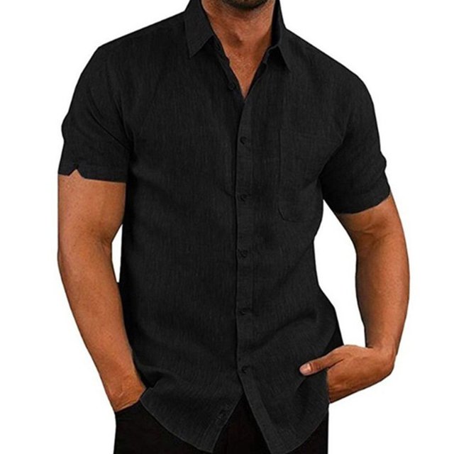 pitrice Chemise Homme à Simple Boutonnage Été Boutonnée Col Rabattu Polyester Mode Vêtements Cadeau d'Anniversaire Noir L 1Set