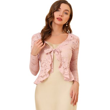 INSPIRE CHIC Boléro Court en Dentelle Florale pour Femme, Ourlet à Volants, devant à Nouer, Cardigan Court Léger, Couvre-Maillot d'Été, Rose, TG