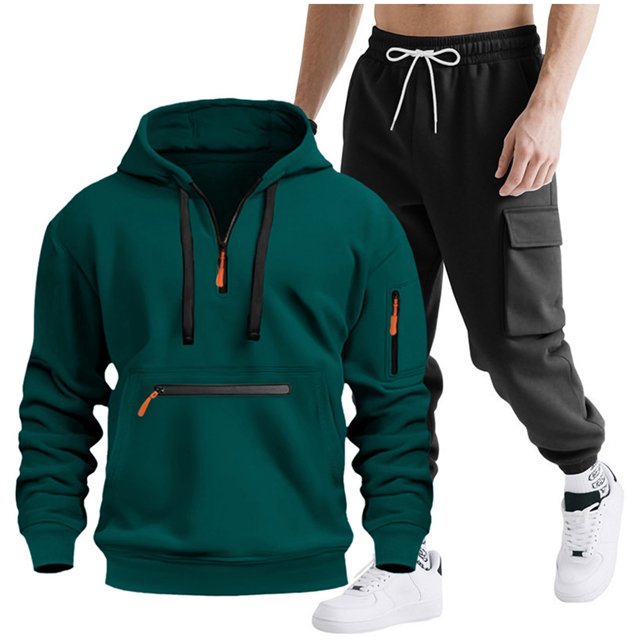 Mens Hooded Tracksuit, Long Sleeve Zipper Pocket Pullover and Drawstring Work Pants Set, Casual Two-Piece Outfit