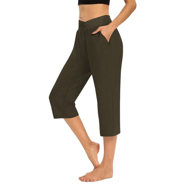 Plebaso Pantalons Capri pour Femmes Taille Haute Croisée Pantalons de Yoga Décontractés Raccourcis avec Poches