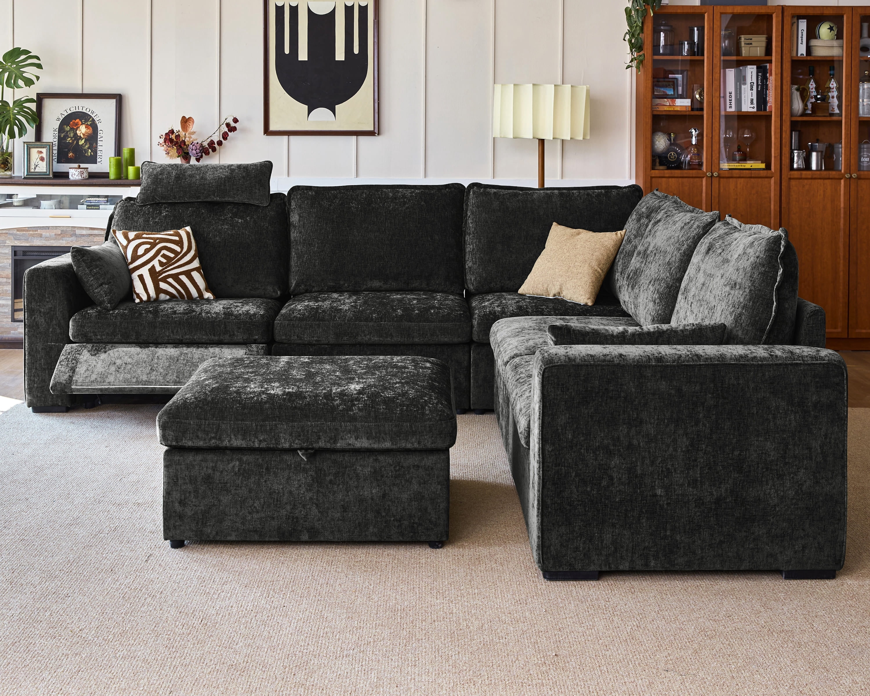 BEDEEP 120'' Power Recliner Sofa with Headrest Console, Moduar Cloud Sectional Chenille Reclining Couch with Storage Ottoman Chaise, Convertible 6-Seater Sofa Couch for Living Room RV, Black