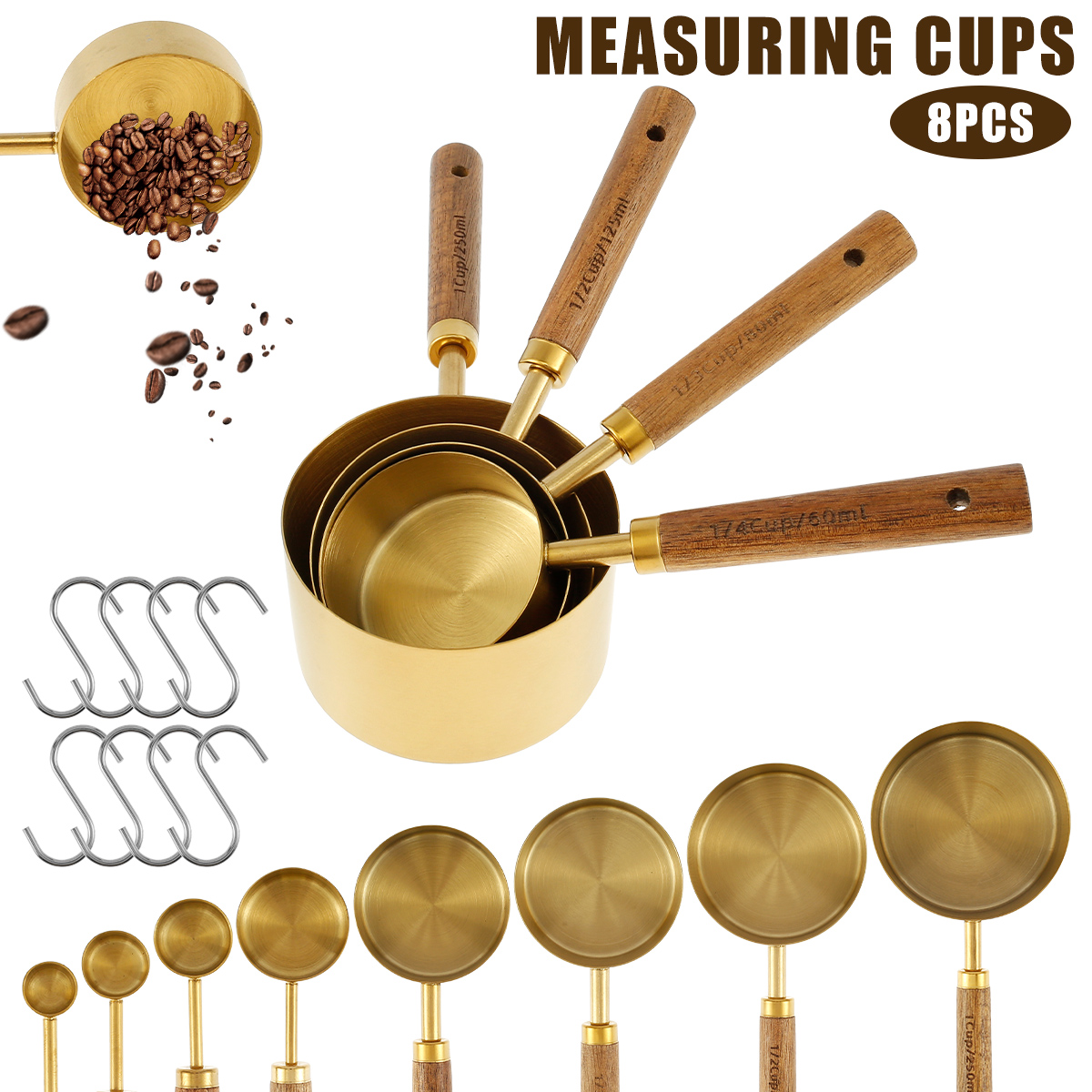 Ihvewuo 8pcs Measuring Cup and Spoon Set Stainless Steel Cup Measurement Set with Wooden Handle Portable Measuring Spoons Set with 8 Hooks Reusable Measuring Cup Spoons for Kitchen Home Baking (Gold)