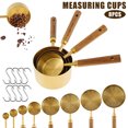 thumbnail image 1 of Ihvewuo 8pcs Measuring Cup and Spoon Set Stainless Steel Cup Measurement Set with Wooden Handle Portable Measuring Spoons Set with 8 Hooks Reusable Measuring Cup Spoons for Kitchen Home Baking (Gold), 1 of 11