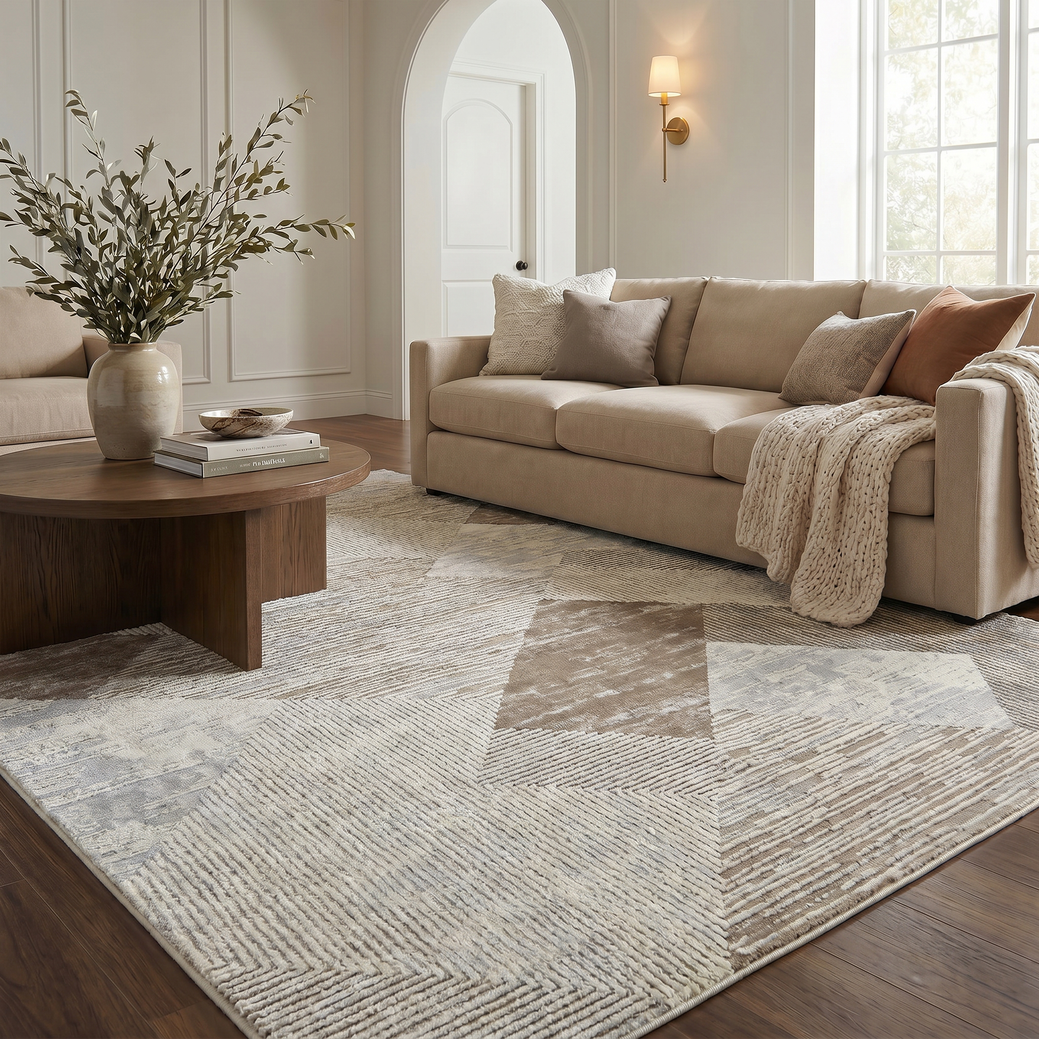 Tapis d'interieur abstrait Rug Branch Nomad, beige marron, moderne - Salon, chambre, salle a manger et cuisine