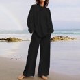thumbnail image 1 of EGNMCR Women 2 Piece Linen Outfits Solid Color Long Sleeve Suit Drawstring Wide Leg Pants with Pockets Womens Lounge Sets, 1 of 7