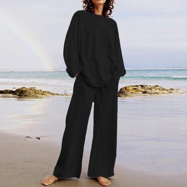 EGNMCR Women 2 Piece Linen Outfits Solid Color Long Sleeve Suit Drawstring Wide Leg Pants with Pockets Womens Lounge Sets