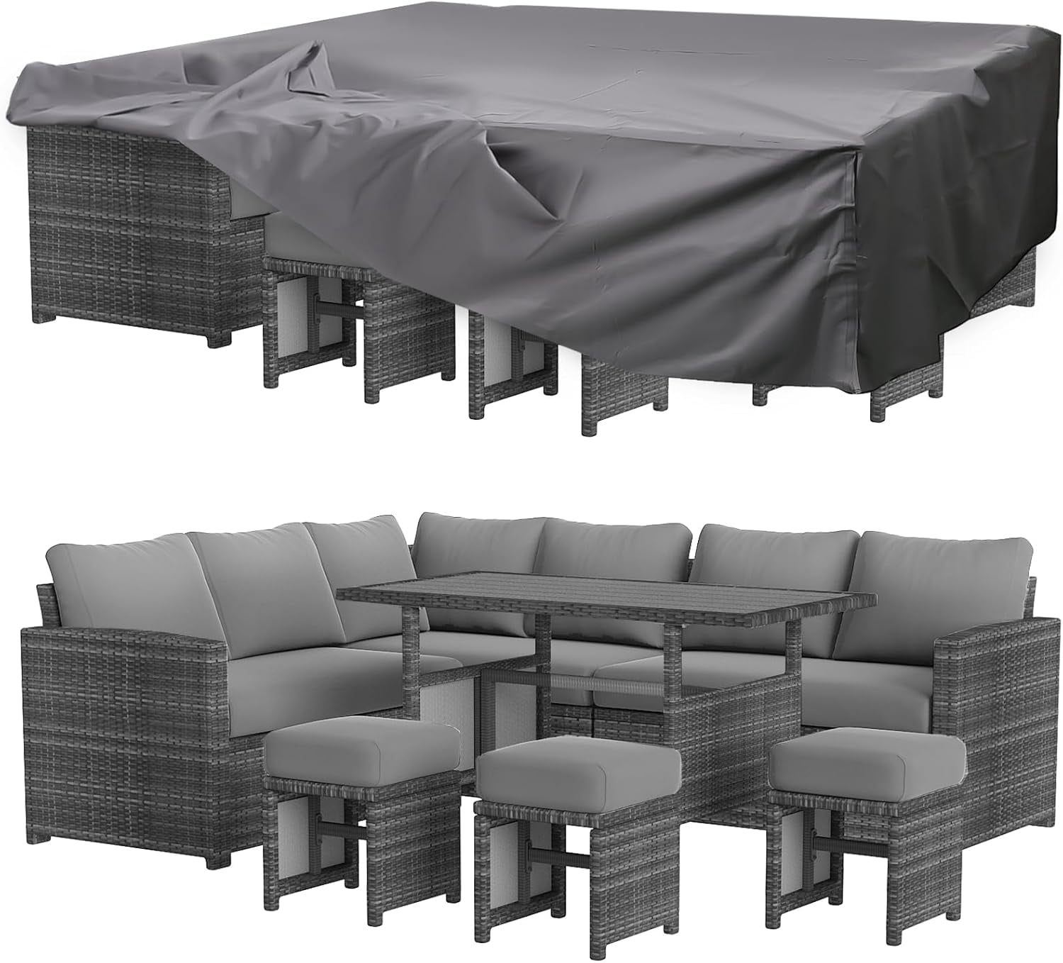 AECOJOY 7 Pieces Patio Furniture Set and Protection Cover PE Rattan Outdoor Dining Set Sectional Sofa Couch with Table Patio Conversation Set in Grey