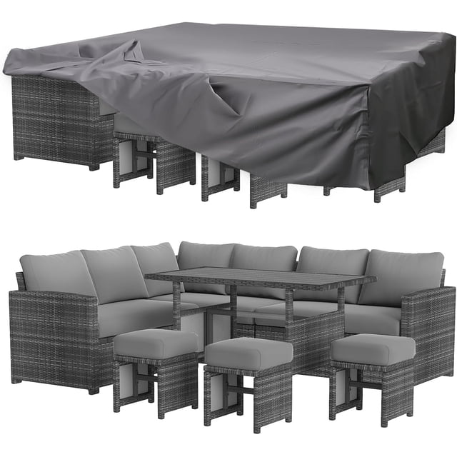 AECOJOY 7 Pieces Patio Furniture Set in grey, designed for outdoor patio conversation, featuring PE rattan sectional sofa, three corner loveseats, three ottomans, and a spacious table with a wood-grain style WPC tabletop. Includes a fitted protective cover for weatherproofing.