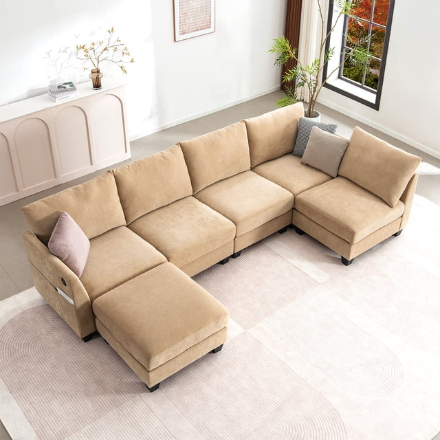 Canapé Sectionnel Modulaire de 124 Pouces, Canapé Sectionnel en U 6 Places avec Pouf de Rangement et Ports USB, Beige