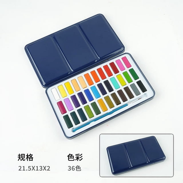 EGNMCR Ensemble d'Aquarelles avec 36 Aquarelles Solides Brillantes dans un Étui de Rangement en Métal Bleu Marine. Comprend un Pinceau et Est Parfait pour Peindre sur Papier, Tissu et Pierre. une Fourniture d'Art Polyvalente pour Débutants, Artistes et Étudiants.