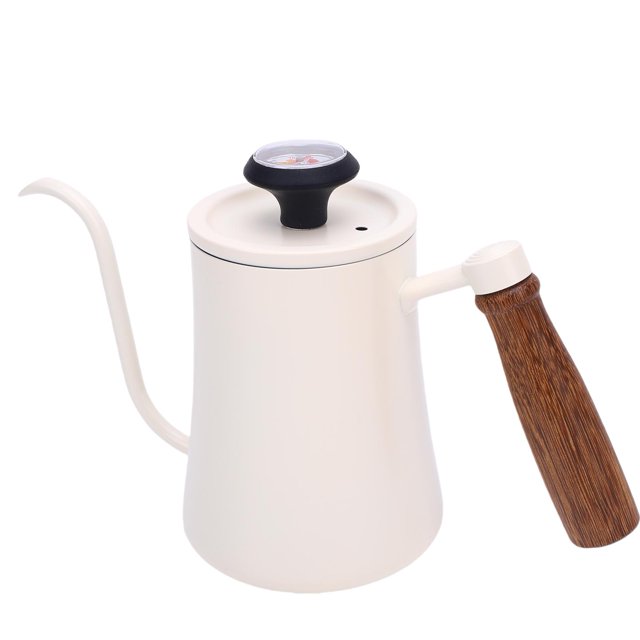 600ML Stainless Steel Coffee Pot with Temperature Meter Wood Handle Long Spout Rustproof and High Temperature Resisting