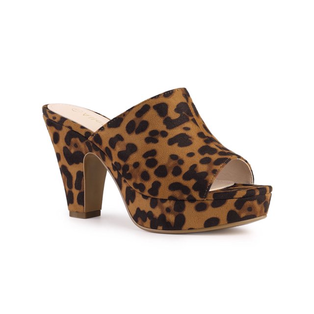 BLISSFUL STEP Women's Chunky Heels Platform Open Toe Slides Sandals Leopard 7.5