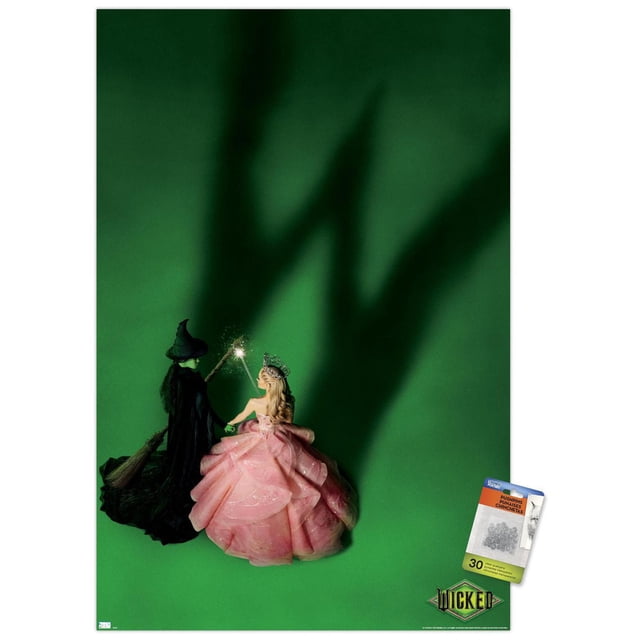 Wicked - Affiche Murale Teaser en une Feuille, 22,375 Po x 34 Po Montrant une Vue de devant de Deux Figurines sur Fond Vert : une Sorcière Noire avec un Balai et une Femme en Robe de Bal Rose Superposée et un Diadème Tenant une Baguette Étincelante, Projetant de Grandes Ombres, Imprimée sur Papier Brillant avec Supports Adhésifs Inclus pour une Suspension Facile, Convient à la Décoration de Chambres, Bureaux Ou Dortoirs.