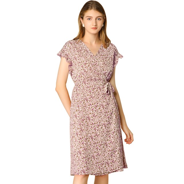 Unique Bargains Robe Midi Portefeuille pour Femme à Col en V, à Volants Floraux et Poignets