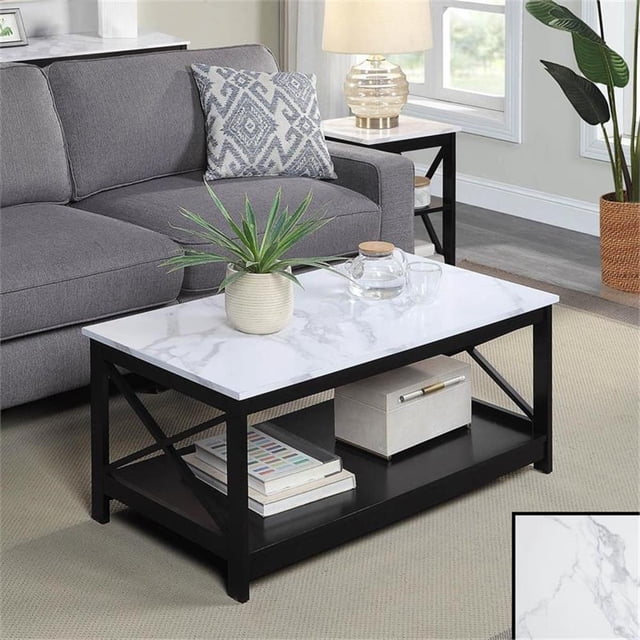 Oxford Table Basse avec Tablette en Faux Marbre Blanc et Fini Bois Noir