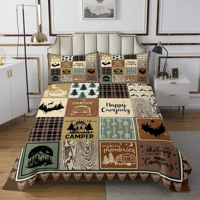 YST Rv Camper Theme Quilt Bedding Set Twin,Kids Happy Camping Bedspread Rustic Cabin Room Decor,Travel Trailers Accessories Camper Quilts Set for Bunk,Patchwork Buffalo Plaid Coverlet Set