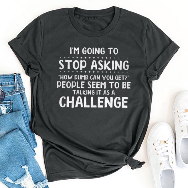 RXIRUCGD Hauts de Sortie pour Femmes Mode Été Décontracté Col Rond Imprimé Lettre Manches Courtes T-Shirt Chemises Femmes Gris Foncé