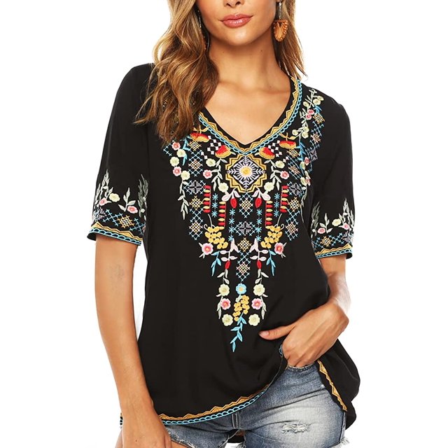 Women’s Emboridered Tops Short Sleeve Blouse Ethnic Style Floral Pattern Shirts Tunics Blouse