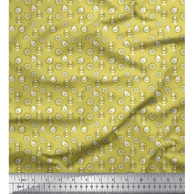 Soimoi Rayon Fabric Lighthouse,Ship Wheel & Sailboat Shirting Print Sewing Fabric Yard 56 Inch Wide