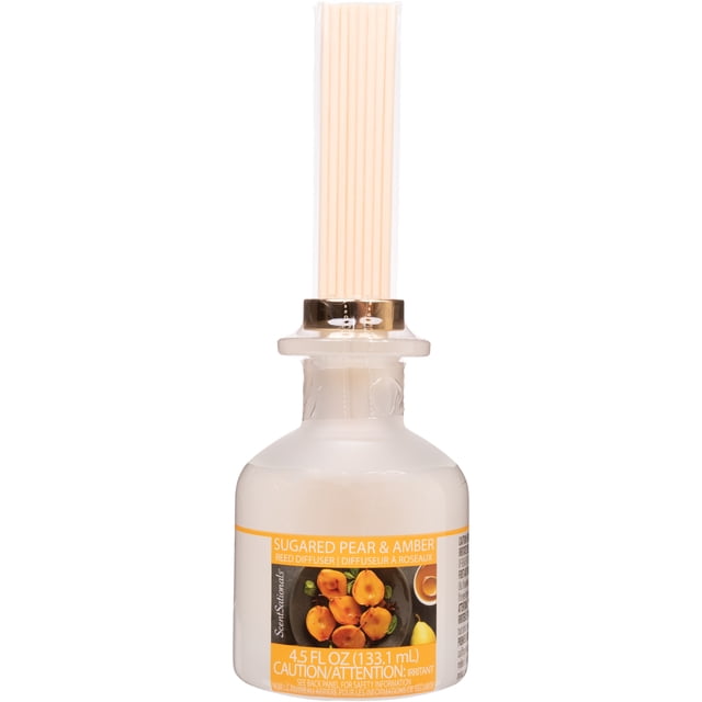 ScentSationals Reed Diffuser - Sugared Pear & Amber with a frosted glass bottle holding 4.5 fl oz (133.1 mL) of essential oil diffuser liquid, topped by a gold collar and eight natural reed sticks, ideal for spreading a relaxing pear and amber scent throughout the home.