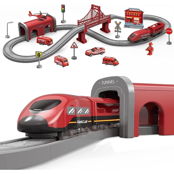 TradeOpia Fire Rescue Train Set - 66 PCS, Battery Operated Train with Tracks, Fire Trucks, Buildings, and Accessories, Educational Toy for Kids, Ideal Gift for Boys and Girls