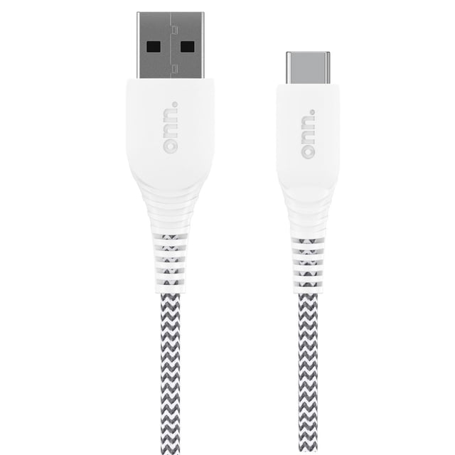 Onn. 6 FT/1.8 m USB Hi-Speed Certified USB-C to USB Braided Cable with white USB-A and USB-C connectors featuring the onn. logo and a black and white chevron-patterned braided jacket, ideal for fast data transfer and charging USB-C devices.
