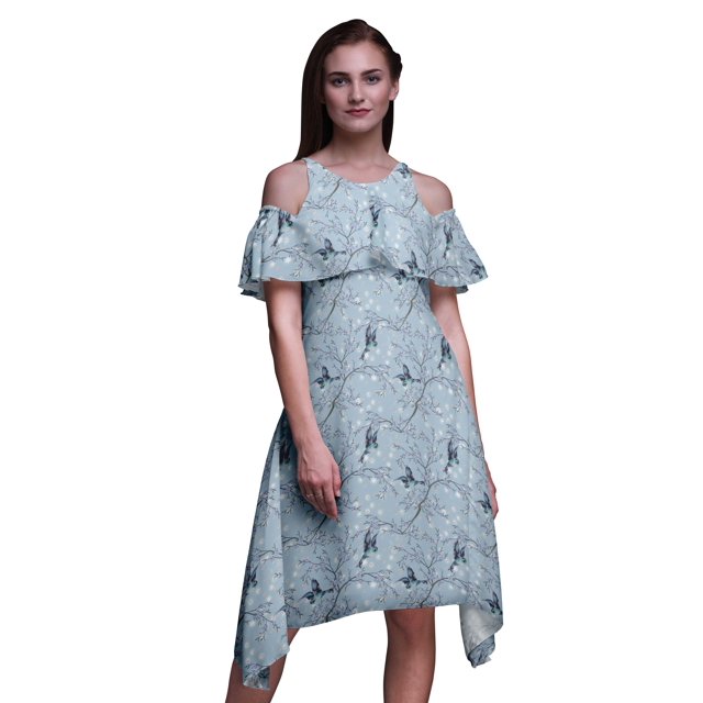 Bimba Robe Tunique de Fête à Manches Flottantes Imprimé Oiseau Bleu Épaules Dénudées Midi - Très Grande Taille