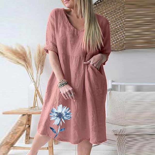 Robe d'Été Décontractée pour Femmes à Manches Trois Quarts 3/4, Col en V, à Imprimé