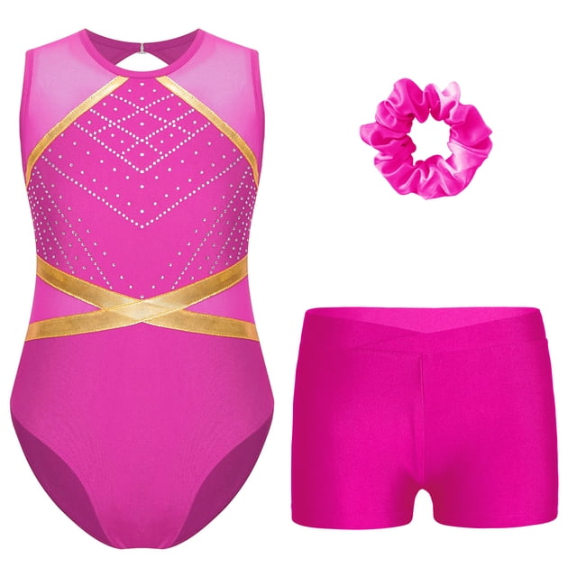 RUNQHUI Kids Girls Gymnastics Dance Active Outfit Sleeveless Patchwork Rhinestones Leotard with Shorts Hot Pink 14