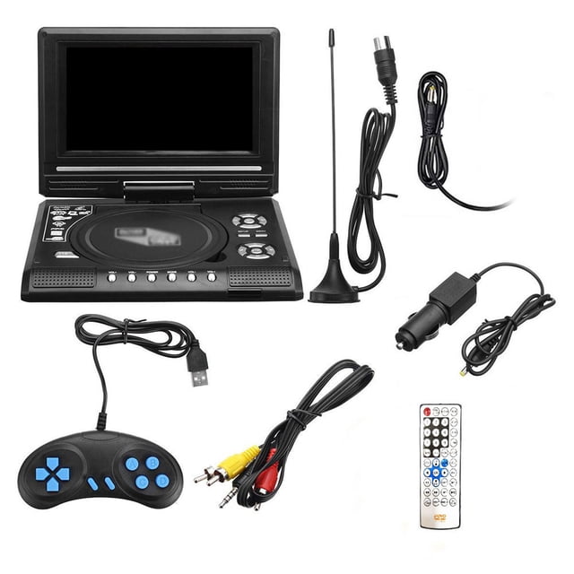 Amdohai 7.8 Inch 16:9 Widescreen 270° Rotatable LCD Screen Home Car TV DVD Player Portable VCD Compact Disc MP3 Viewer with Game Function. The image displays a black portable DVD player with a 7-inch LCD screen, rotatable up to 270 degrees, and a control panel with multiple buttons. Included accessories are a remote control, AV cable, gamepad, antenna, car power adapter, and power adapter. Compatible with various disc formats like DVD, VCD, and MPEG-4, featuring TV and game functions.