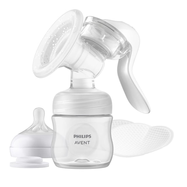 Philips Avent Manual Breast Pump SCF430/30 with Natural Motion technology, clear 4oz bottle, white ergonomic handle, and soft silicone cushion flange that fits breast shape, designed for portable, gentle milk expression and easy cleaning.
