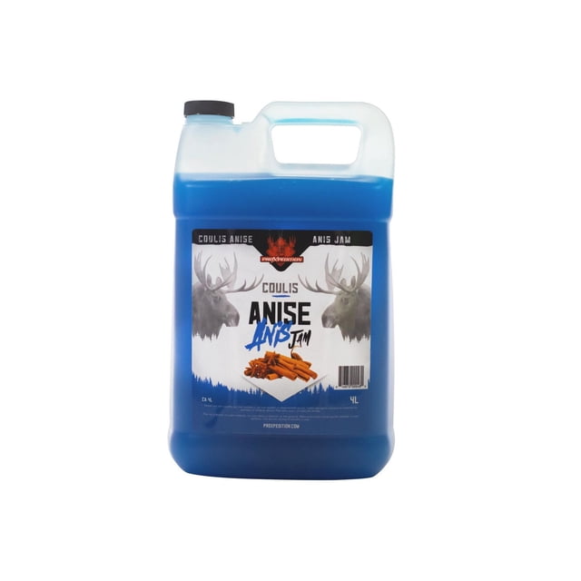 ProXpedition CA-4L Pe Orignal Jam Saveur d'Anis Contenant Format Économique de 4 Litres Rempli de Confiture Bleue, Présentant une Étiquette Blanche avec des Têtes d'Orignal et des Bâtonnets de Cannelle, Idéal pour les Tartinades et Conserves Alimentaires du Garde-Manger.