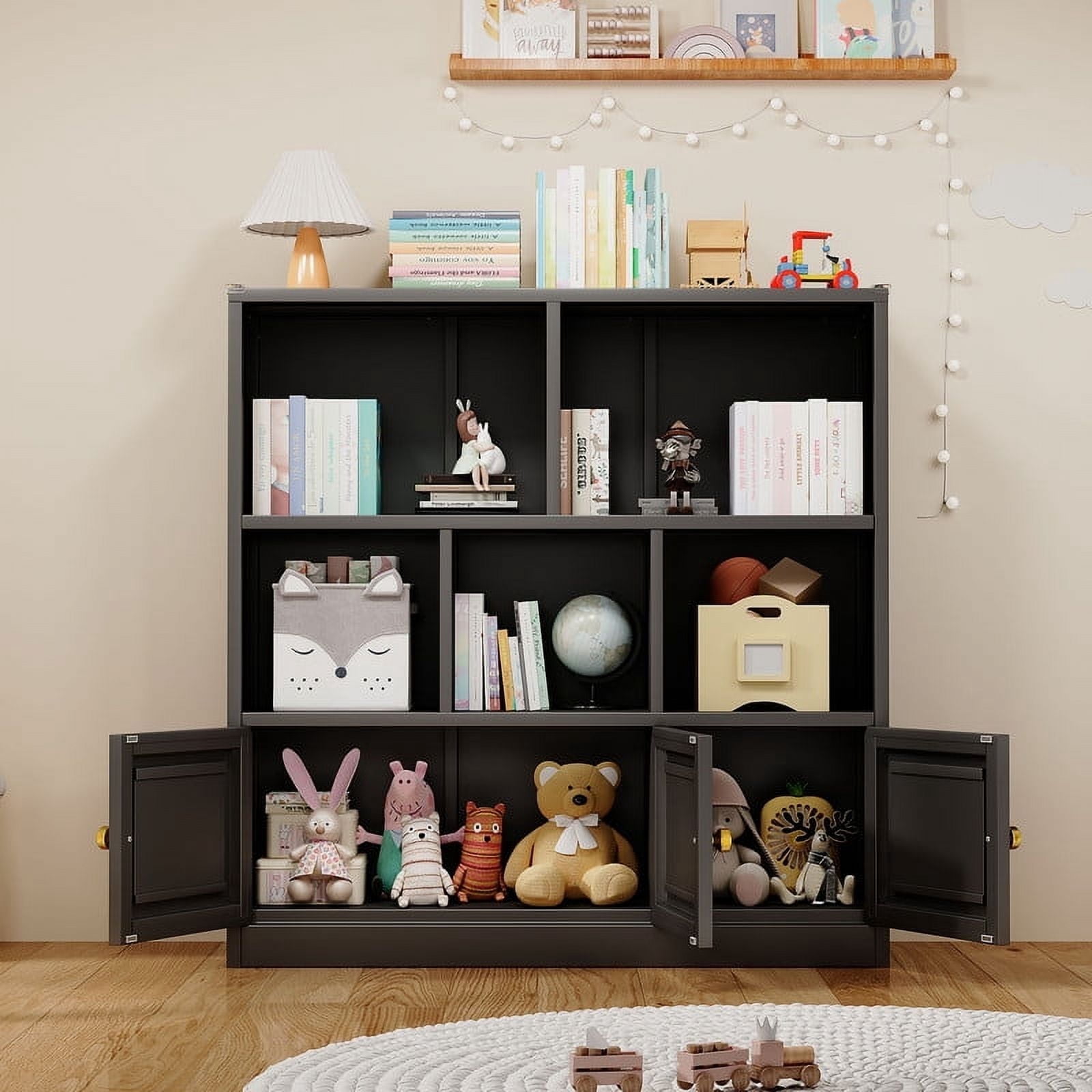 Erosoei Metal Kids Bookcase Shelf Storage Cabinet with 3 Doors and 5 Open Cubbies Black for Kids