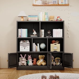 Erosoei Metal Kids Bookcase Shelf Storage Cabinet with 3 Doors and 5 Open Cubbies Black for Kids