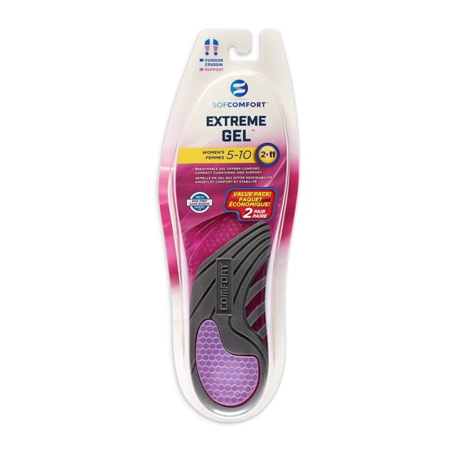 SofComfort Women's Extreme Gel Insoles - 2 Pair, size 5-10, with breathable gel featuring purple honeycomb heel cushions and black arch support for shock absorption and foot stability, ideal for work boots or casual shoes and suitable for extended foot care.