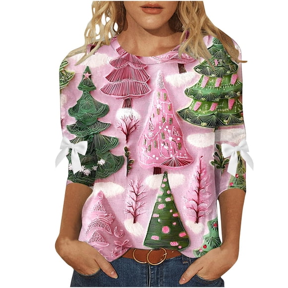 Lcziwo Women's 3/4 Sleeve Christmas Tee Shirts Xmas Bow Tree Print Holiday Pullover Tops Round Neck Oversized Tops Casual Fashion Fall 2025 Tees Pink,XL