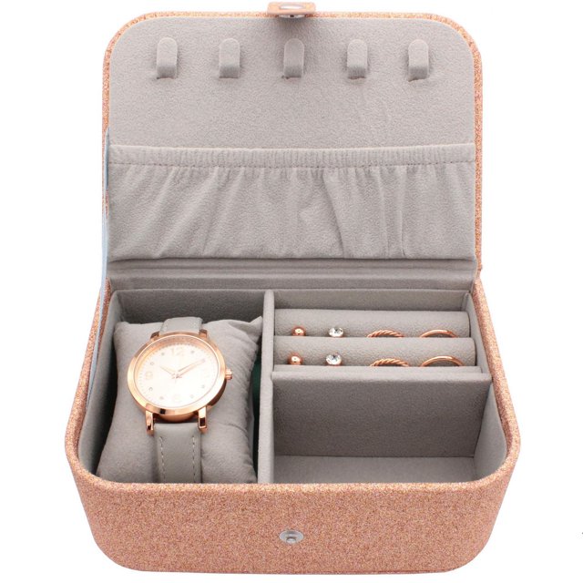 Luxury Jewelry and Watch Storage Box with rose gold glitter exterior and light gray velvet interior, featuring multiple jewellery compartments including a cushioned watch slot, earring holders, and ring sections, lock closure, compact 16cm x 10cm x 6cm size, suitable for organizing and travel.