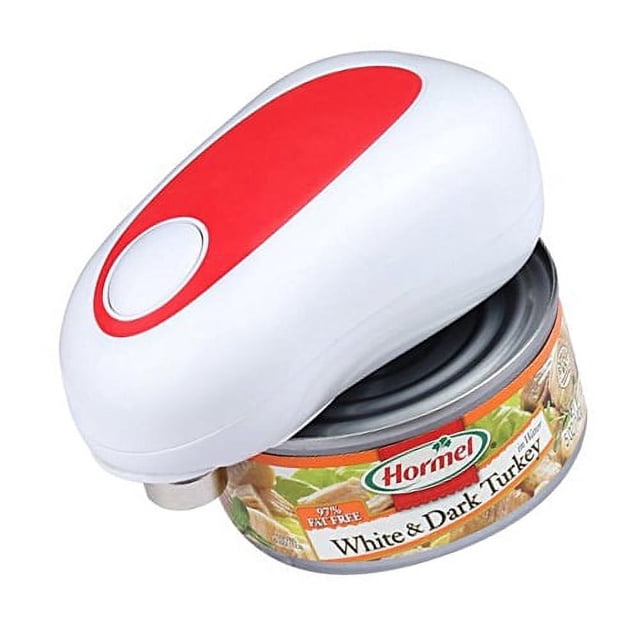 Rongmo Ouvre-Boîte Électrique Bord Lisse une Touche en Rouge, Montré en Utilisation Ouvrant une Boîte. Cet Ouvre-Boîte Électrique compact Offre une Opération à une Touche, le Rendant Idéal pour les Aînés Ou les Personnes Souffrant d'Arthrite. Nécessite 4 Piles AA (Non Incluses).