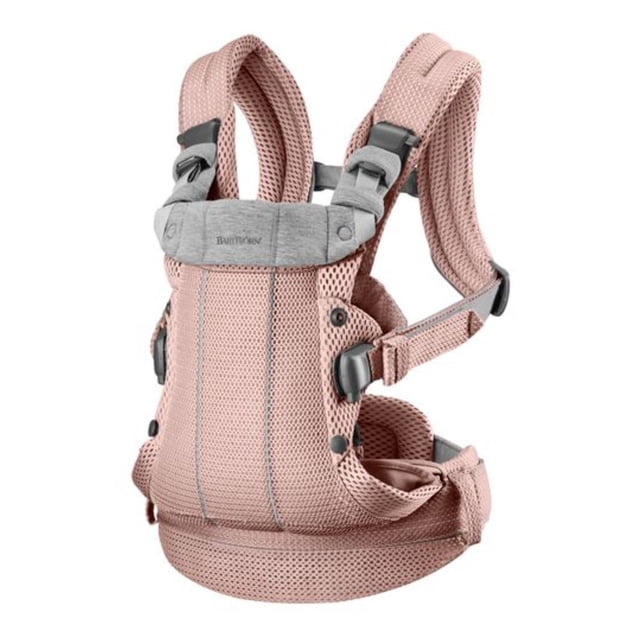BabyBjorn Harmony Carrier in 3D Mesh, Dusty Pink. This ergonomic baby carrier features a wide seat area, adjustable head support, and breathable 3D mesh fabric with soft jersey details. Designed for newborns (7 lbs/3.2 kg) up to approximately 3 years old (33 lbs/15 kg; 40 lbs/18 kg in the U.S.), it includes a pressure-relieving waist belt, padded back support, and shoulder straps for comfort. Suitable for inward, outward, or back carrying positions.